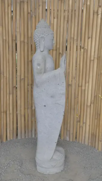Product image 7 of the product “Standing Buddha with floral carving, Abudaya position. 48 x 34,5 x 151,5 cm. Natural stone (river stone), stonemasonry ”